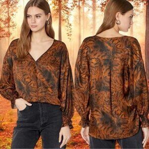 NEW All Saints Penny Grizedale Cat Print Silk Blend Wrap Front Blouse Grunge 6